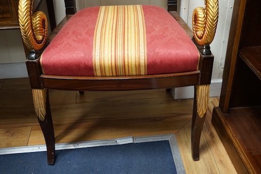 A pair of Regency design parcel gilt mahogany elbow chairs, width 59cm, depth 53cm, height 102cm